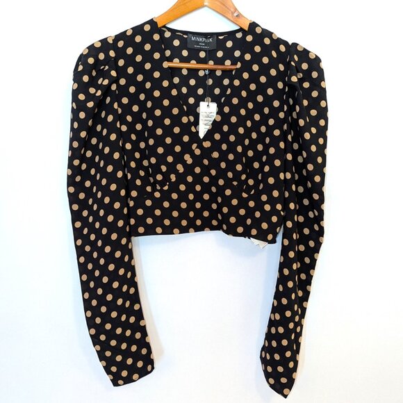 NWT MinkPink | Ayat Wrap Crop Top Black & Mocha Brown Polka Dot | Size Medium - Picture 5 of 10